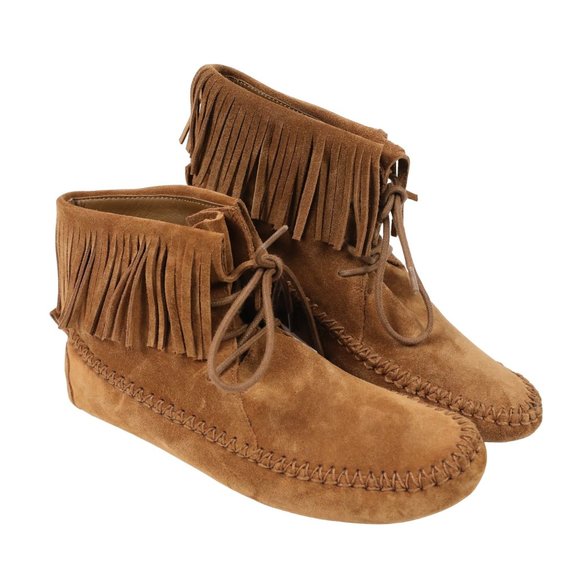 Tory Burch Sonoma Bootie Fringe Suede Brown Women's 5.5 Ankle Moccasins Boots - Picture 1 of 16